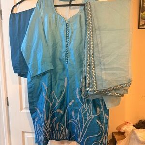 New Pakistani Terquize shaded silk suit with embroidery work